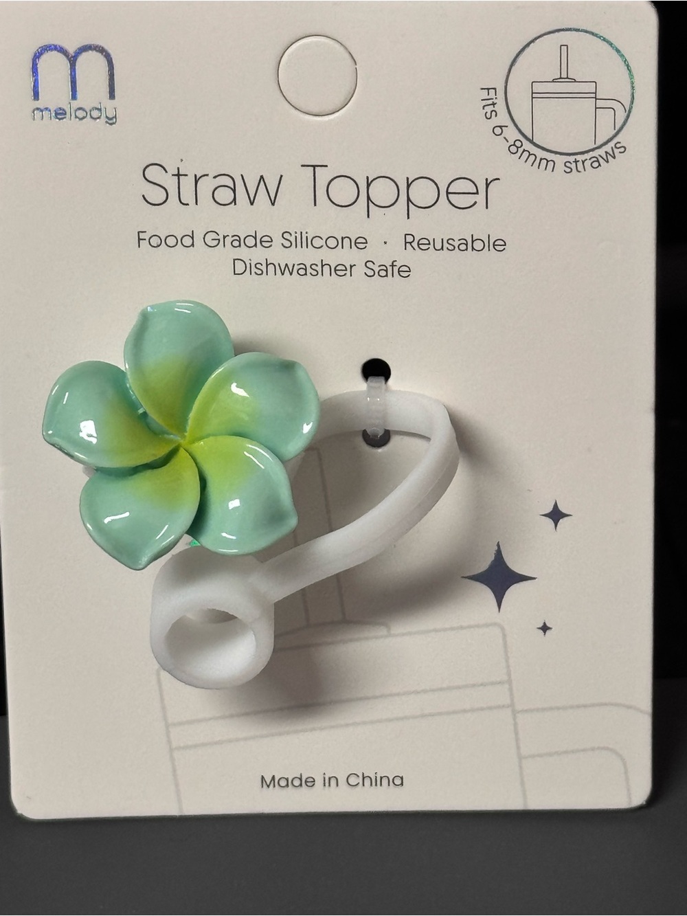 NWT Melody Plumeria Flower Silicone Straw Topper 6-8mm Green